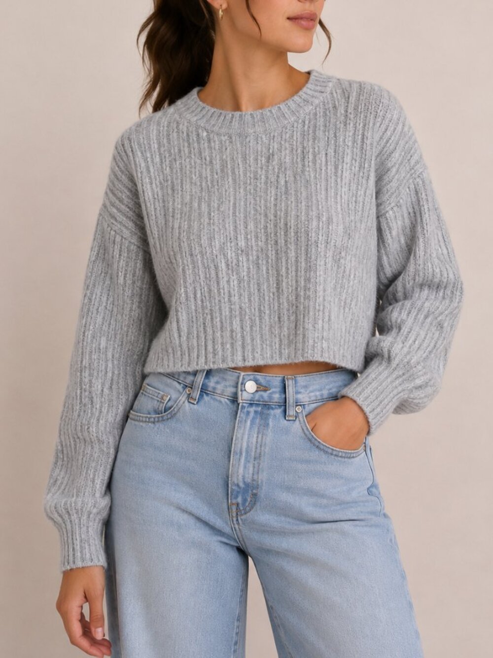Forever 21 Womens Small Gray Cropped Ribbed Knit Crewneck Sweater